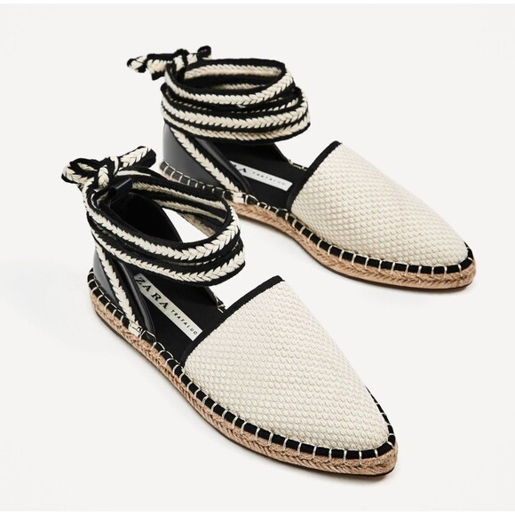 Zara Trafaluc Espadrille Flats Womens EU 40 Black White Lace Up Canvas Coastal - Picture 1 of 14